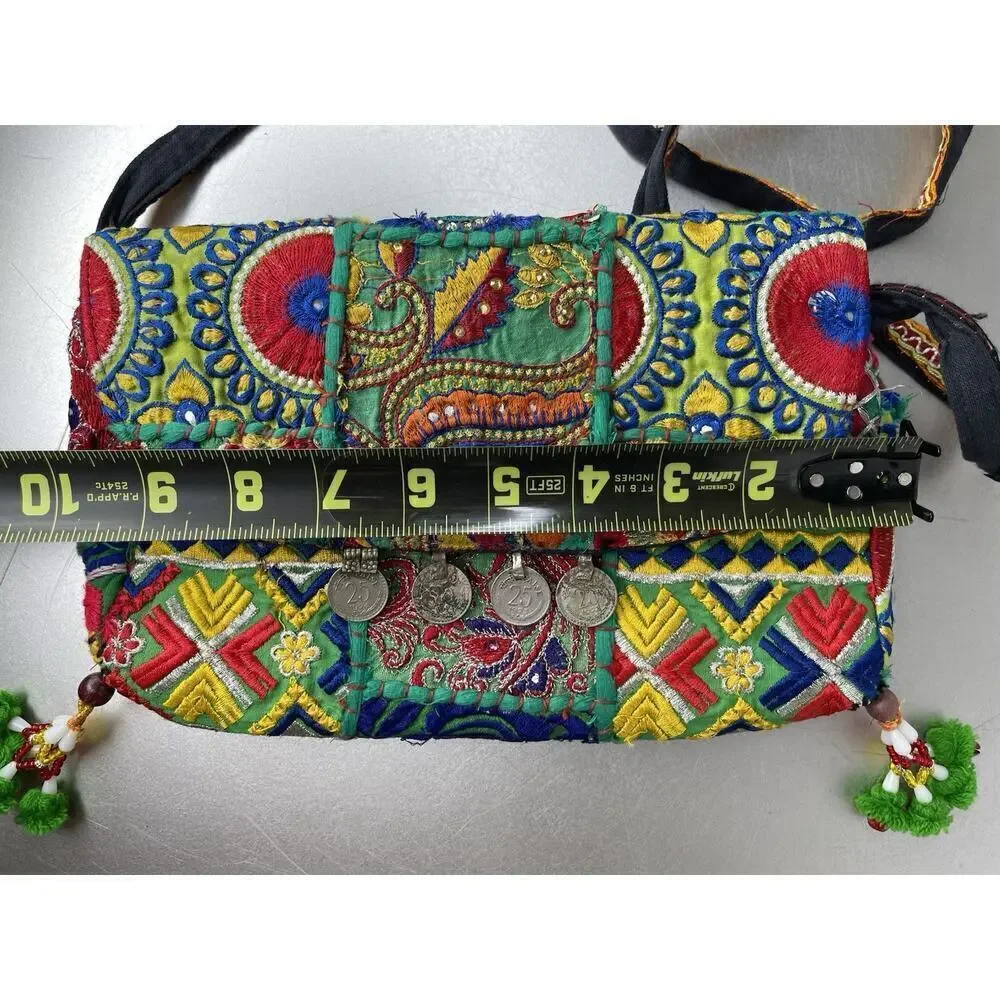 Vintage Boho Banjara Crossbody Handbag Festive Sequin Embroidery Coin Accent